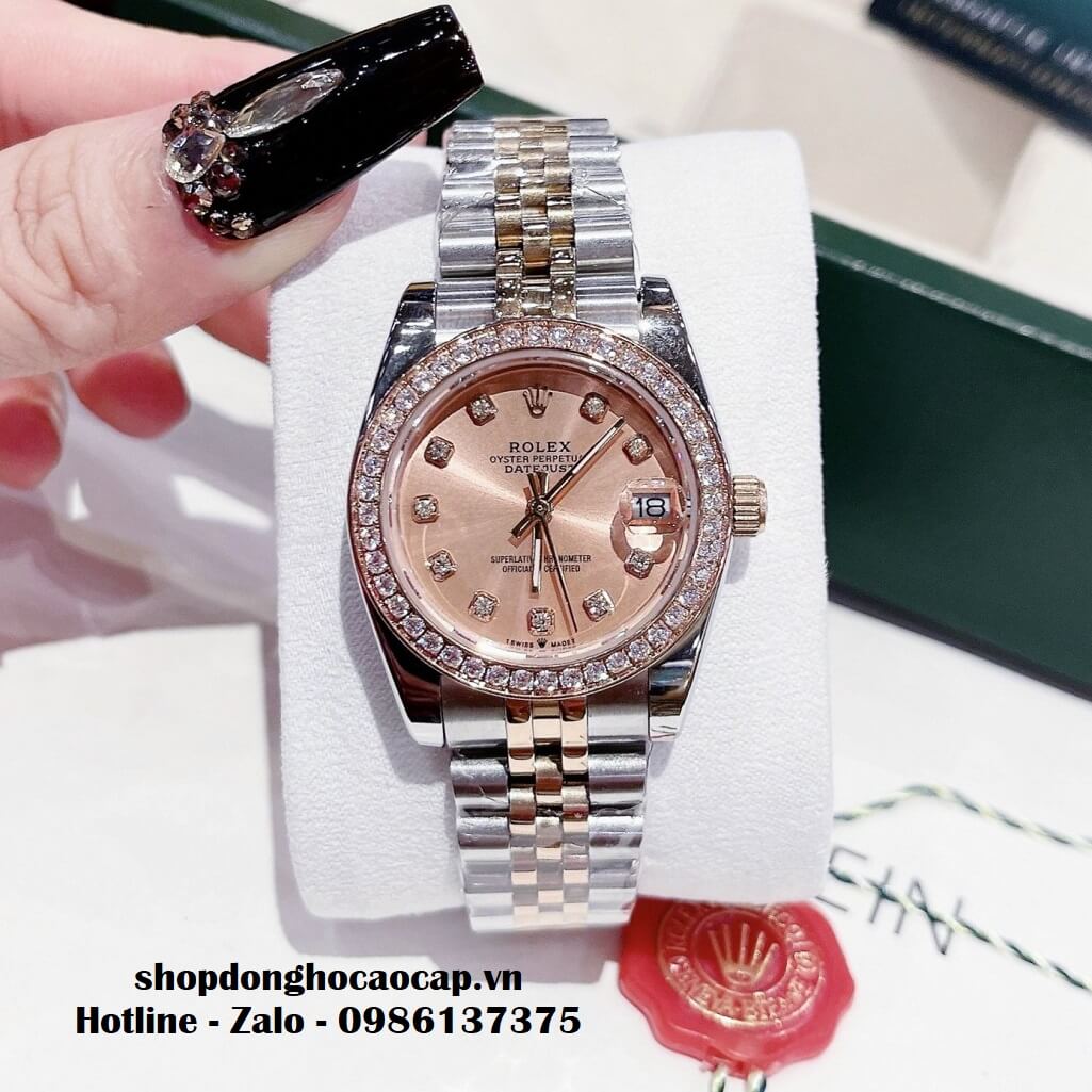 Đồng Hồ Rolex Datejust Nữ Dây Demi Rose Mặt Rose Viền Đá 32mm