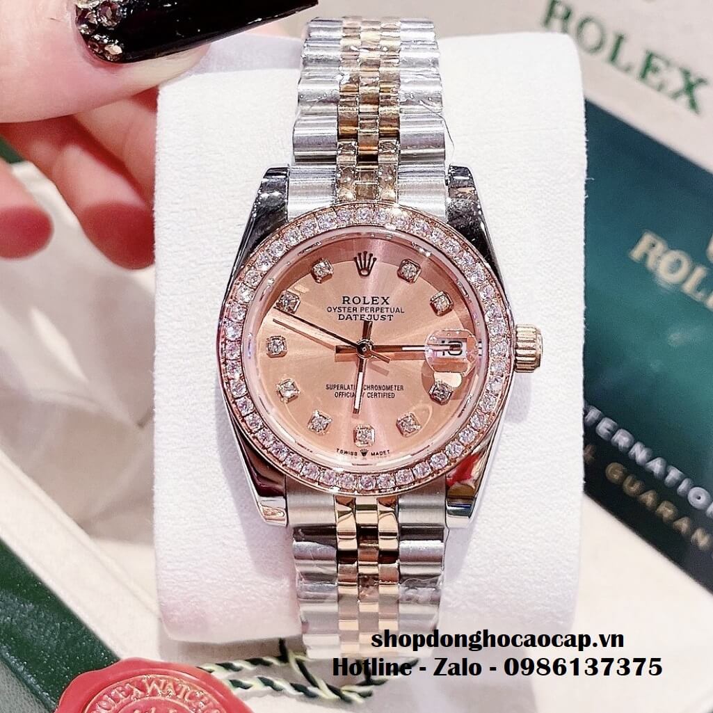 Đồng Hồ Rolex Datejust Nữ Dây Demi Rose Mặt Rose Viền Đá 32mm
