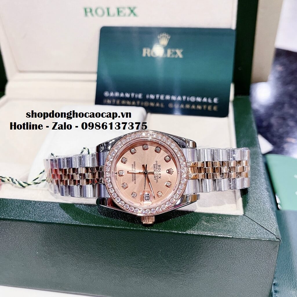 Đồng Hồ Rolex Datejust Nữ Dây Demi Rose Mặt Rose Viền Đá 32mm