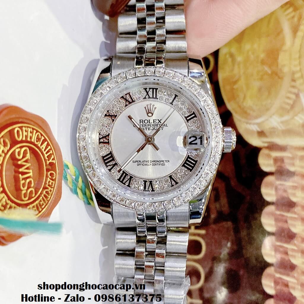 Đồng Hồ Rolex Datejust Nữ Màu Bạc Mặt Số La Mã Viền Đá 32mm