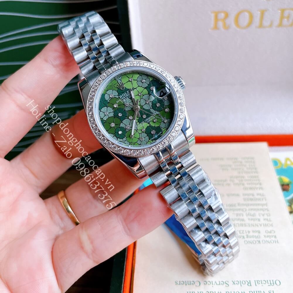 Đồng Hồ Nữ Rolex Pin Mặt Bông Hoa Bạc Xanh Lá 32mm