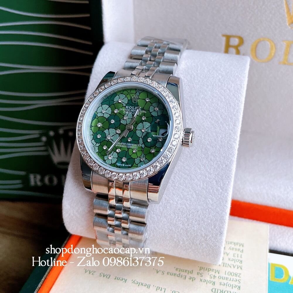 Đồng Hồ Nữ Rolex Pin Mặt Bông Hoa Bạc Xanh Lá 32mm