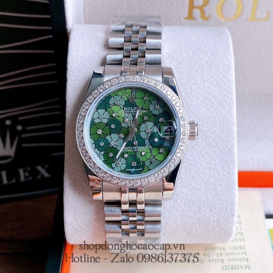 Đồng Hồ Nữ Rolex Pin Mặt Bông Hoa Bạc Xanh Lá 32mm