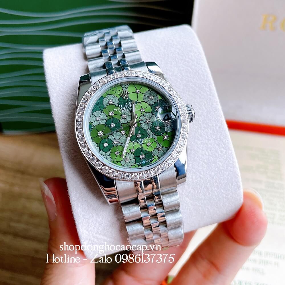 Đồng Hồ Nữ Rolex Pin Mặt Bông Hoa Bạc Xanh Lá 32mm