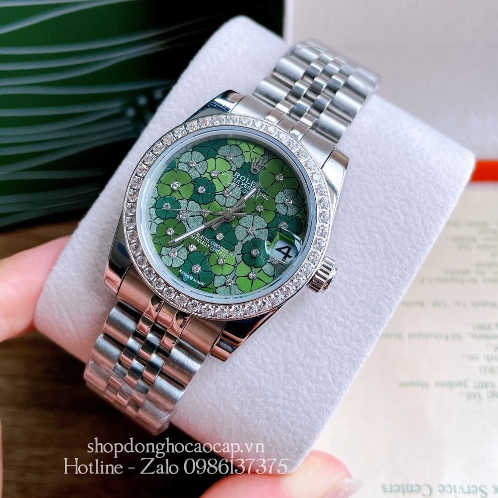 Đồng Hồ Nữ Rolex Pin Mặt Bông Hoa Bạc Xanh Lá 32mm