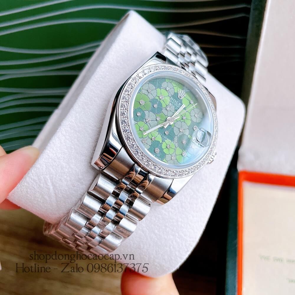 Đồng Hồ Nữ Rolex Pin Mặt Bông Hoa Bạc Xanh Lá 32mm
