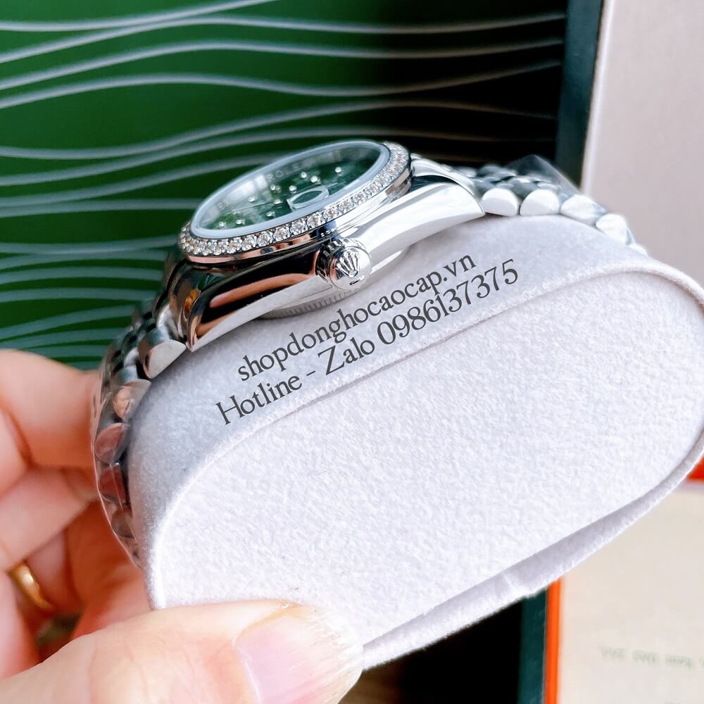 Đồng Hồ Nữ Rolex Pin Mặt Bông Hoa Bạc Xanh Lá 32mm