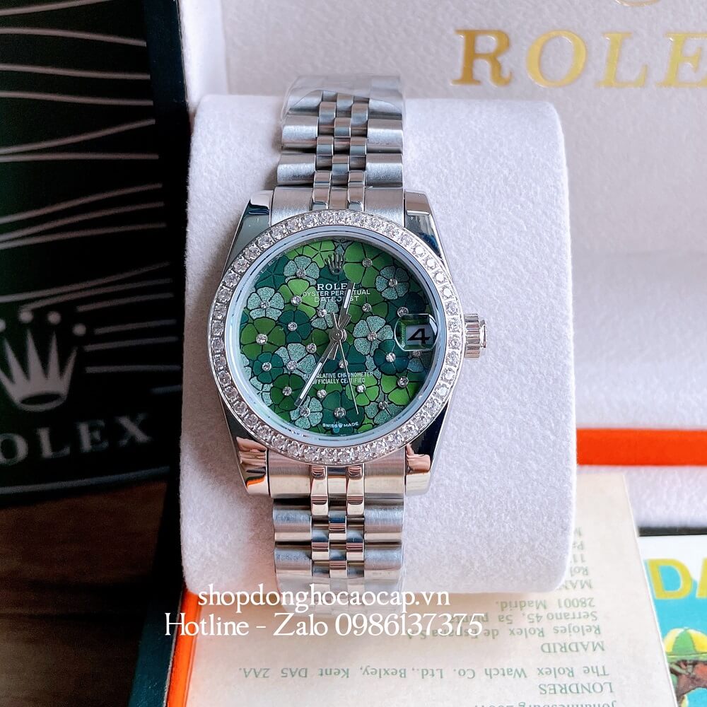 Đồng Hồ Nữ Rolex Pin Mặt Bông Hoa Bạc Xanh Lá 32mm