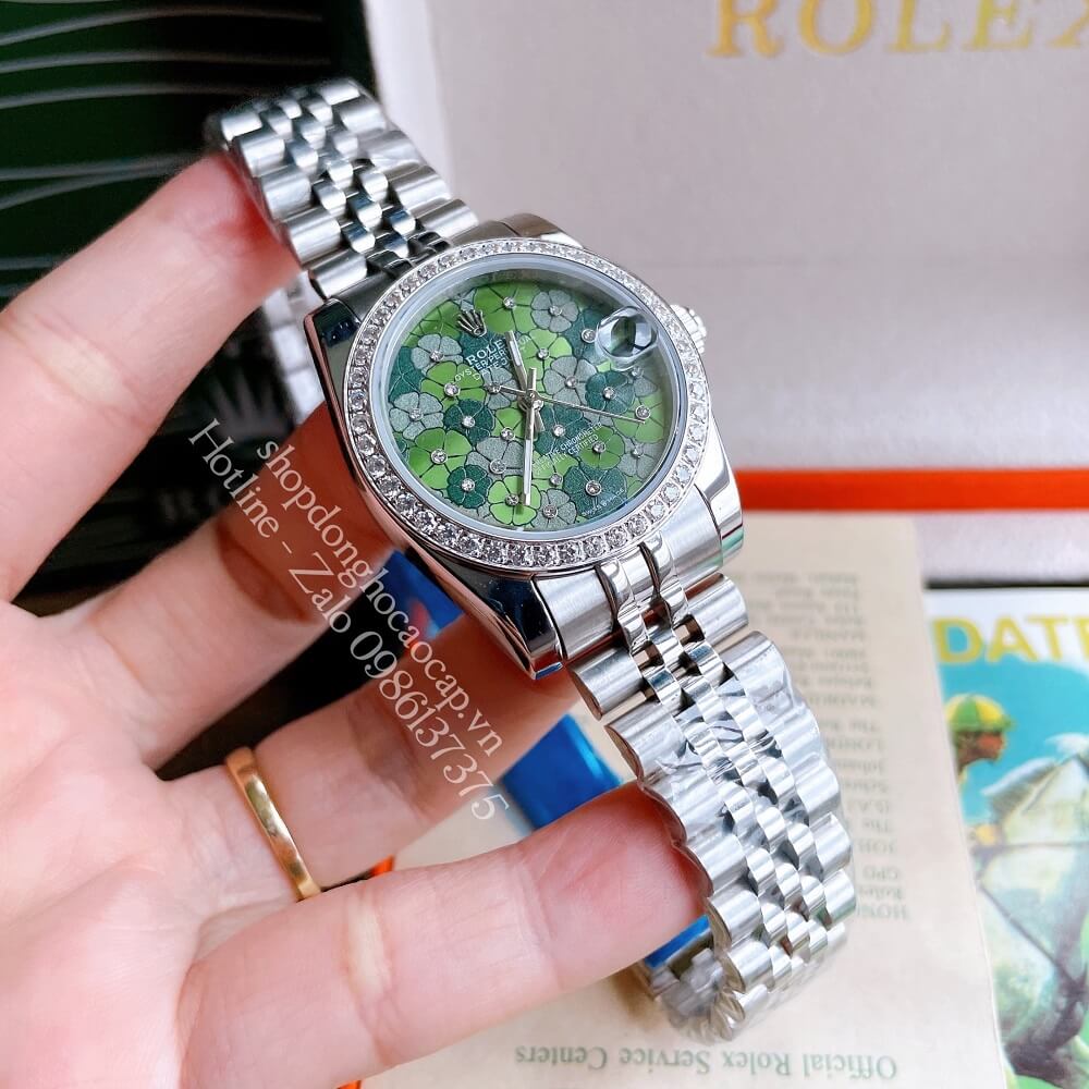 Đồng Hồ Nữ Rolex Pin Mặt Bông Hoa Bạc Xanh Lá 32mm