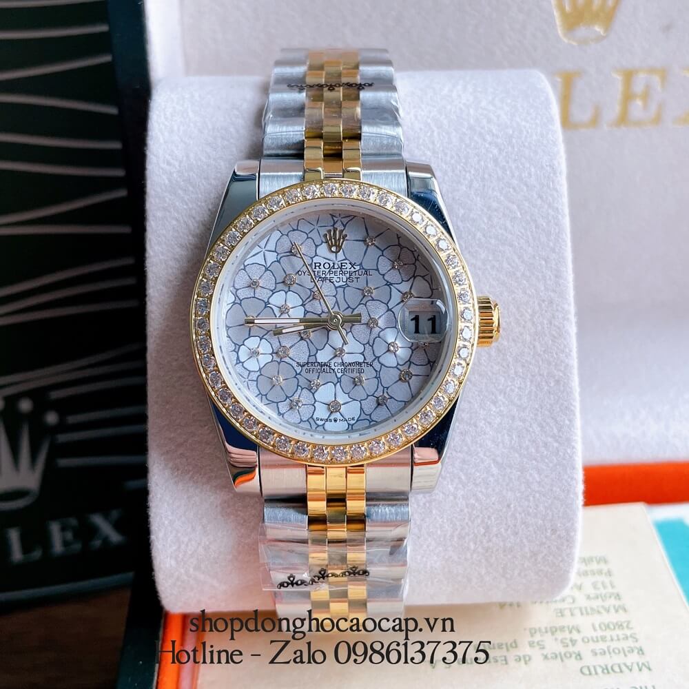 Đồng Hồ Nữ Rolex Pin Mặt Bông Hoa Demi Trắng Gold 32mm