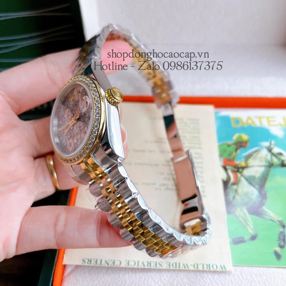 Đồng Hồ Nữ Rolex Pin Mặt Bông Hoa Demi Trắng Gold 32mm