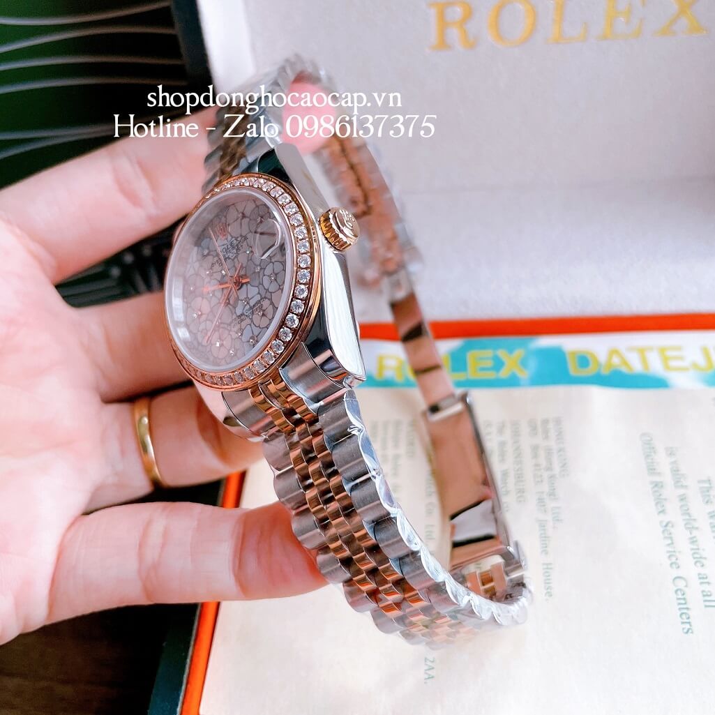 Đồng Hồ Nữ Rolex Pin Mặt Bông Hoa Demi Trắng Rose Gold 32mm