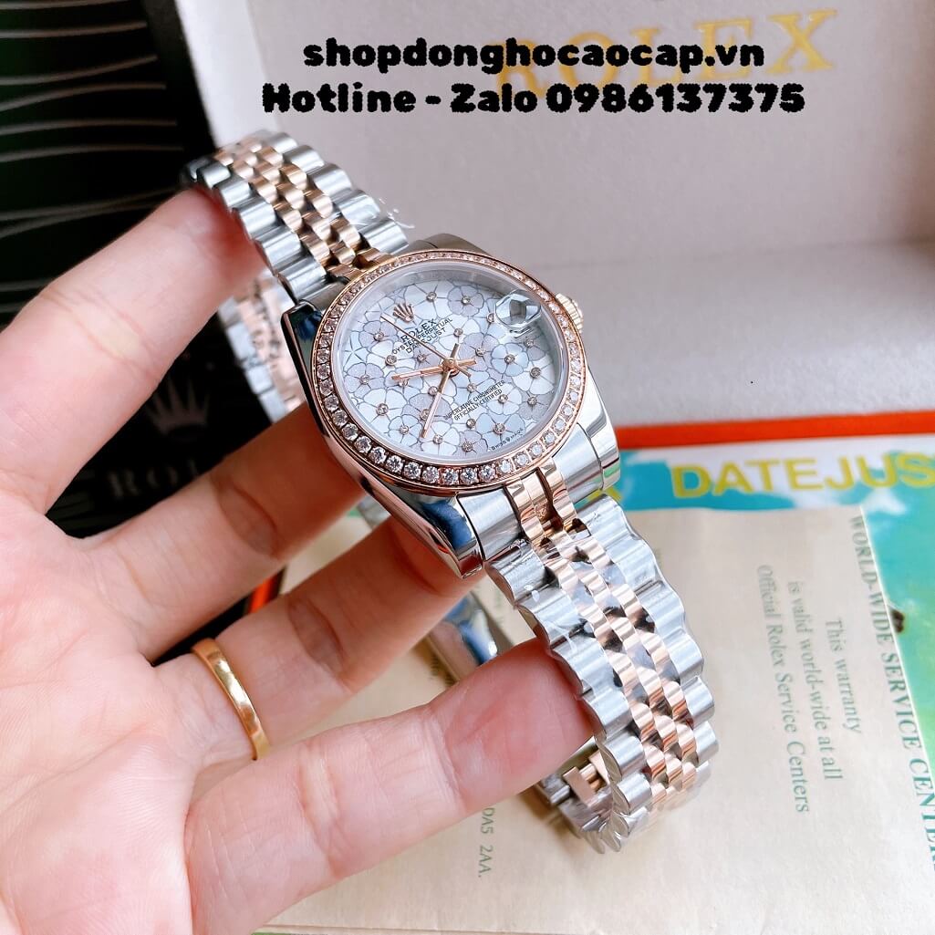 Đồng Hồ Nữ Rolex Pin Mặt Bông Hoa Demi Trắng Rose Gold 32mm