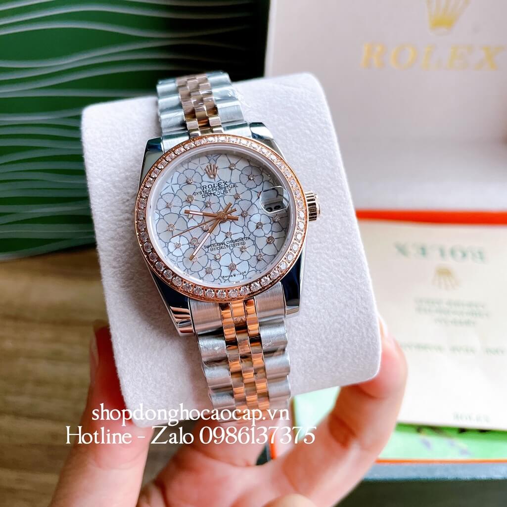 Đồng Hồ Nữ Rolex Pin Mặt Bông Hoa Demi Trắng Rose Gold 32mm