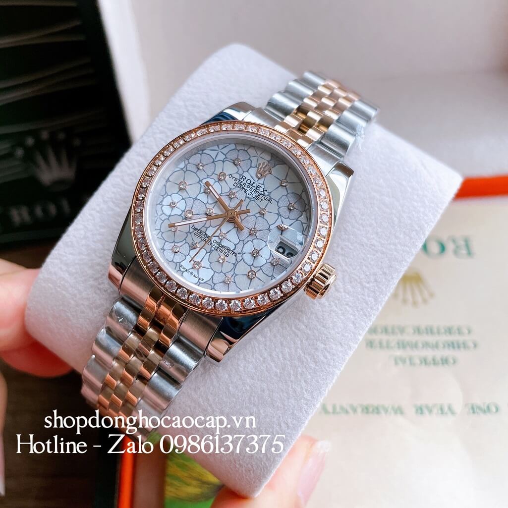 Đồng Hồ Nữ Rolex Pin Mặt Bông Hoa Demi Trắng Rose Gold 32mm