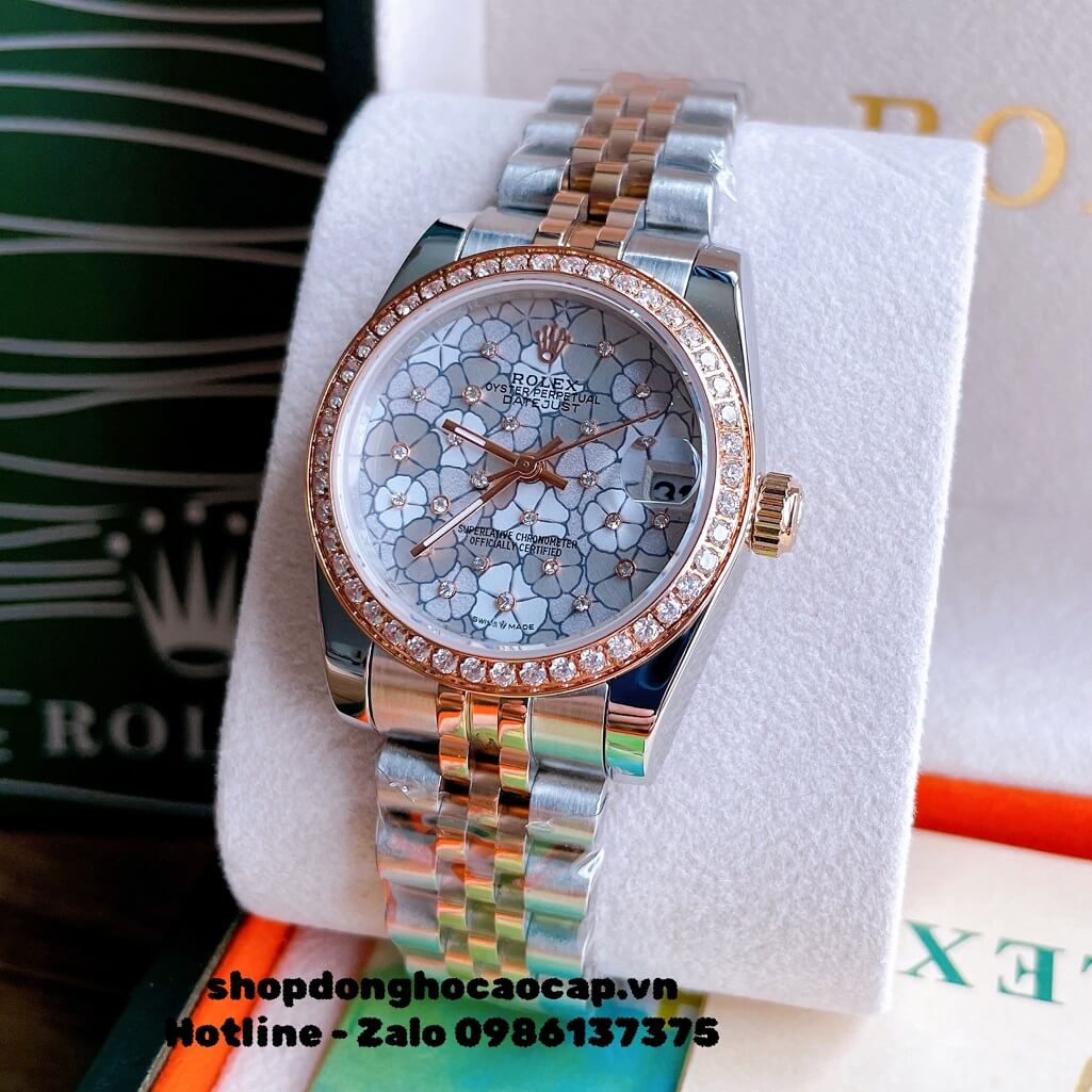 Đồng Hồ Nữ Rolex Pin Mặt Bông Hoa Demi Trắng Rose Gold 32mm