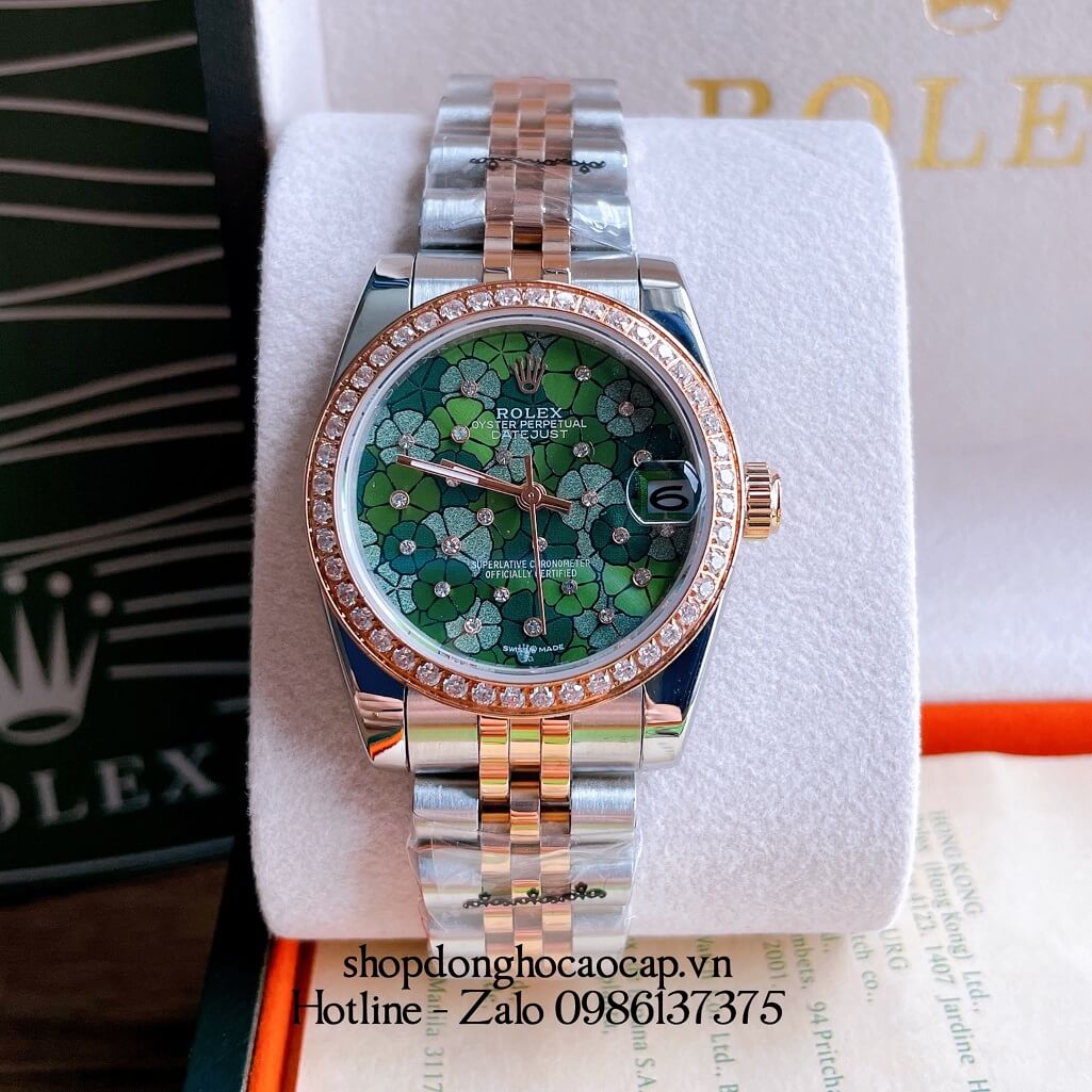 Đồng Hồ Nữ Rolex Pin Mặt Bông Hoa Demi Xanh Lá Rose Gold 32mm