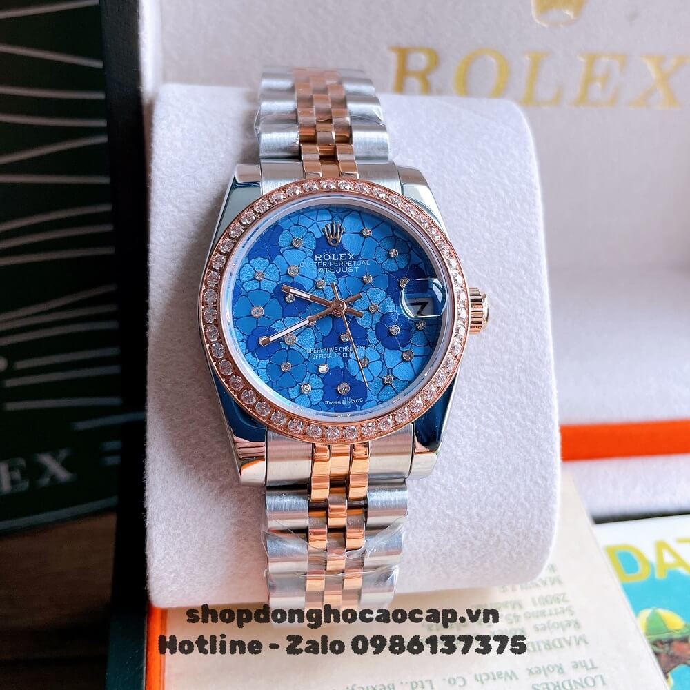 Đồng Hồ Nữ Rolex Pin Mặt Bông Hoa Demi Xanh Dương Rose Gold 32mm