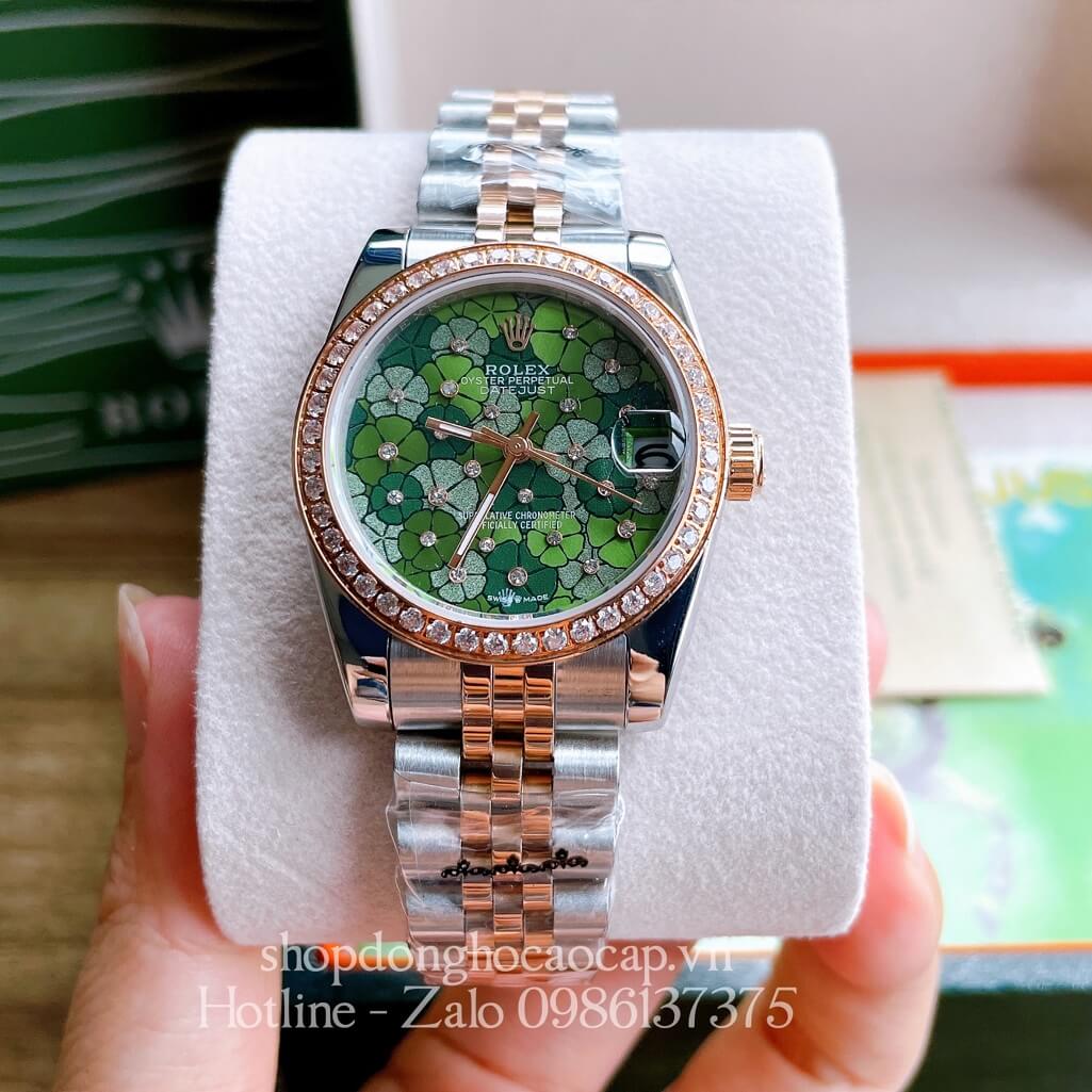 Đồng Hồ Nữ Rolex Pin Mặt Bông Hoa Demi Xanh Lá Rose Gold 32mm