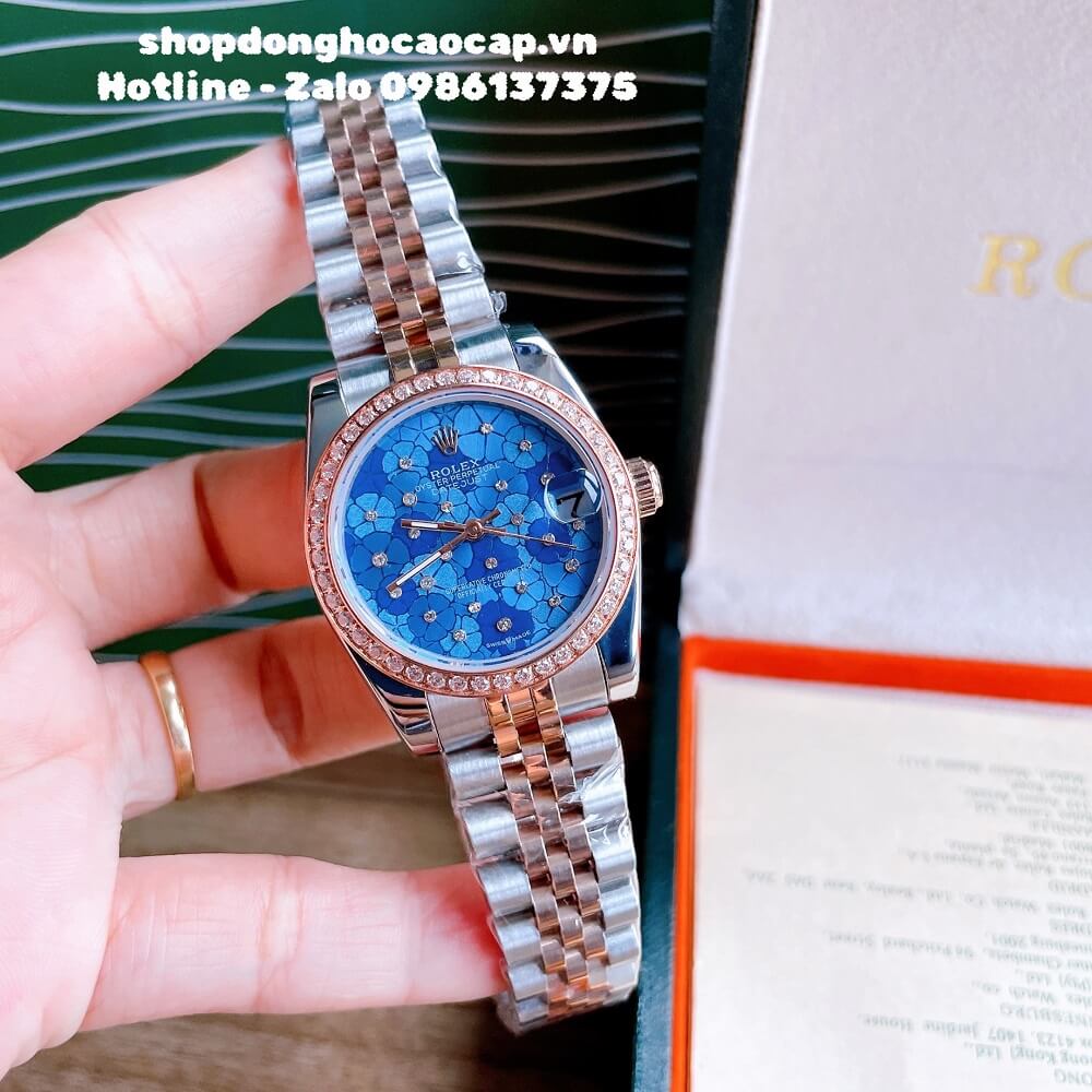 Đồng Hồ Nữ Rolex Pin Mặt Bông Hoa Demi Xanh Dương Rose Gold 32mm