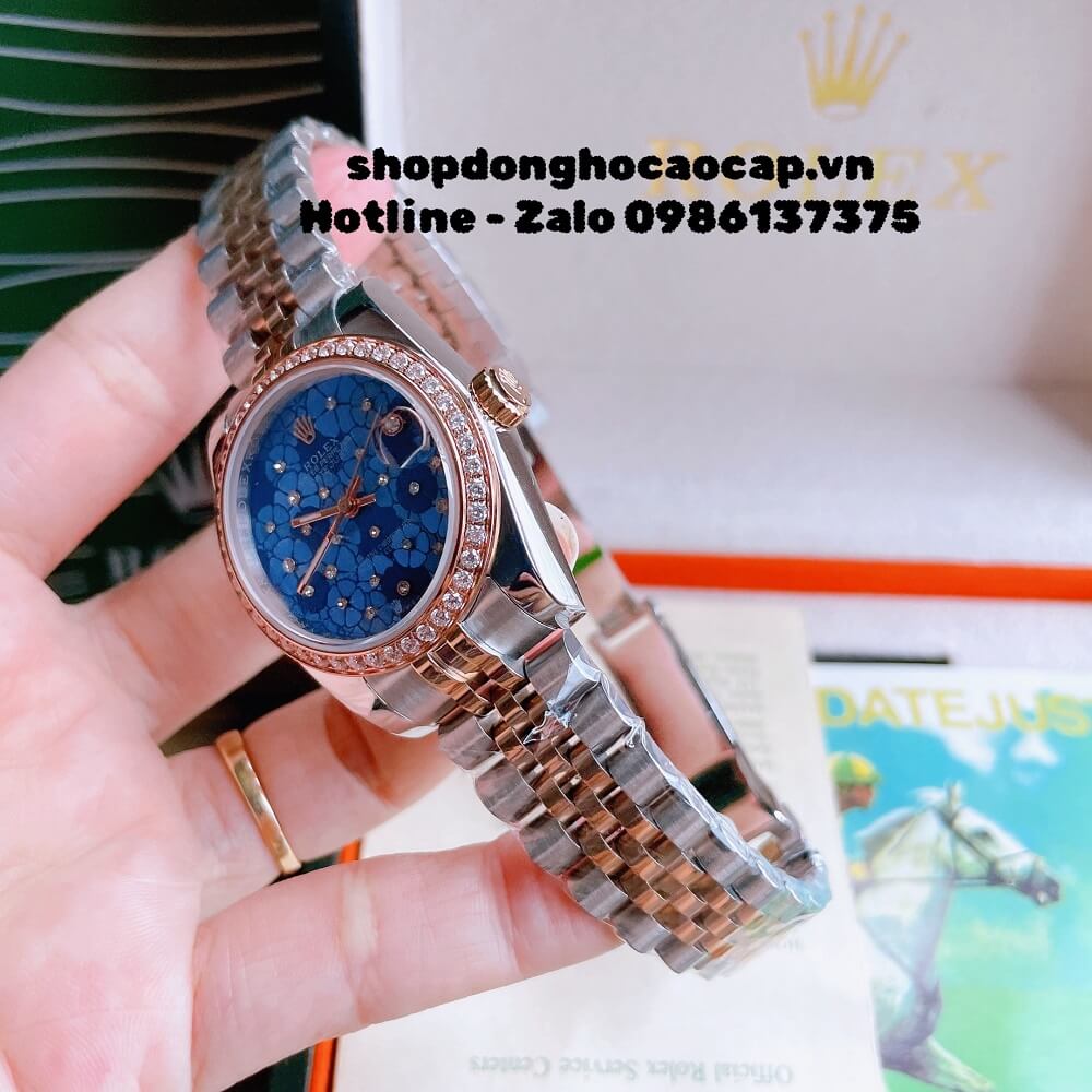 Đồng Hồ Nữ Rolex Pin Mặt Bông Hoa Demi Xanh Dương Rose Gold 32mm