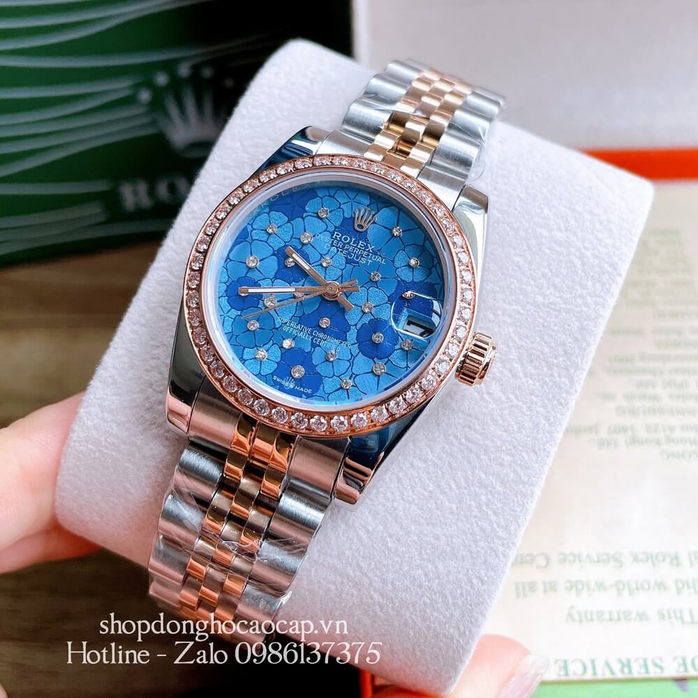 Đồng Hồ Nữ Rolex Pin Mặt Bông Hoa Demi Xanh Dương Rose Gold 32mm