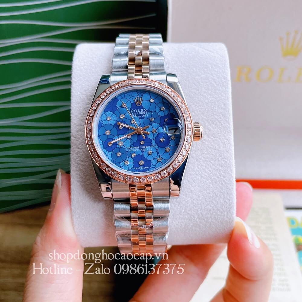 Đồng Hồ Nữ Rolex Pin Mặt Bông Hoa Demi Xanh Dương Rose Gold 32mm