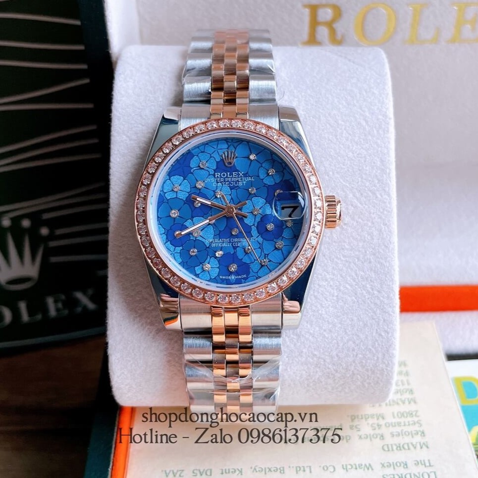 Đồng Hồ Nữ Rolex Pin Mặt Bông Hoa Demi Xanh Dương Rose Gold 32mm