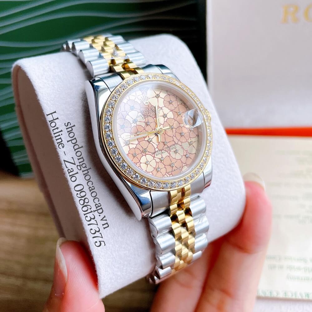 Đồng Hồ Nữ Rolex Pin Mặt Bông Hoa Demi Vàng 32mm