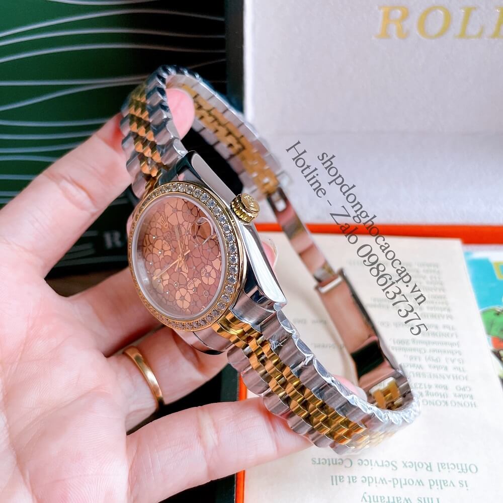 Đồng Hồ Nữ Rolex Pin Mặt Bông Hoa Demi Vàng 32mm