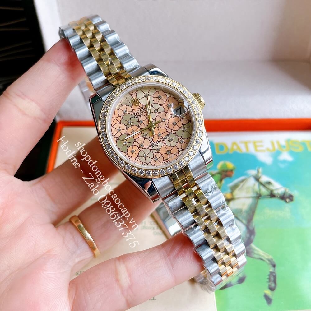 Đồng Hồ Nữ Rolex Pin Mặt Bông Hoa Demi Vàng 32mm