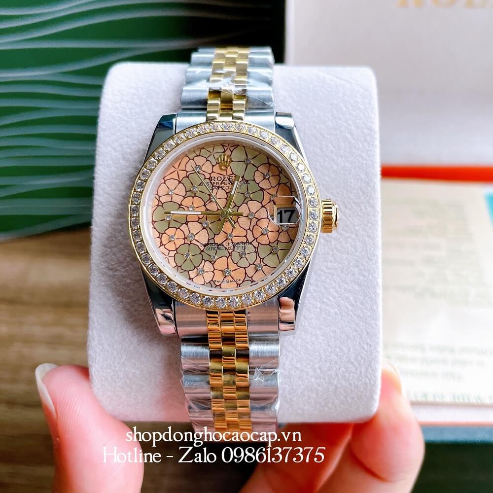 Đồng Hồ Nữ Rolex Pin Mặt Bông Hoa Demi Vàng 32mm