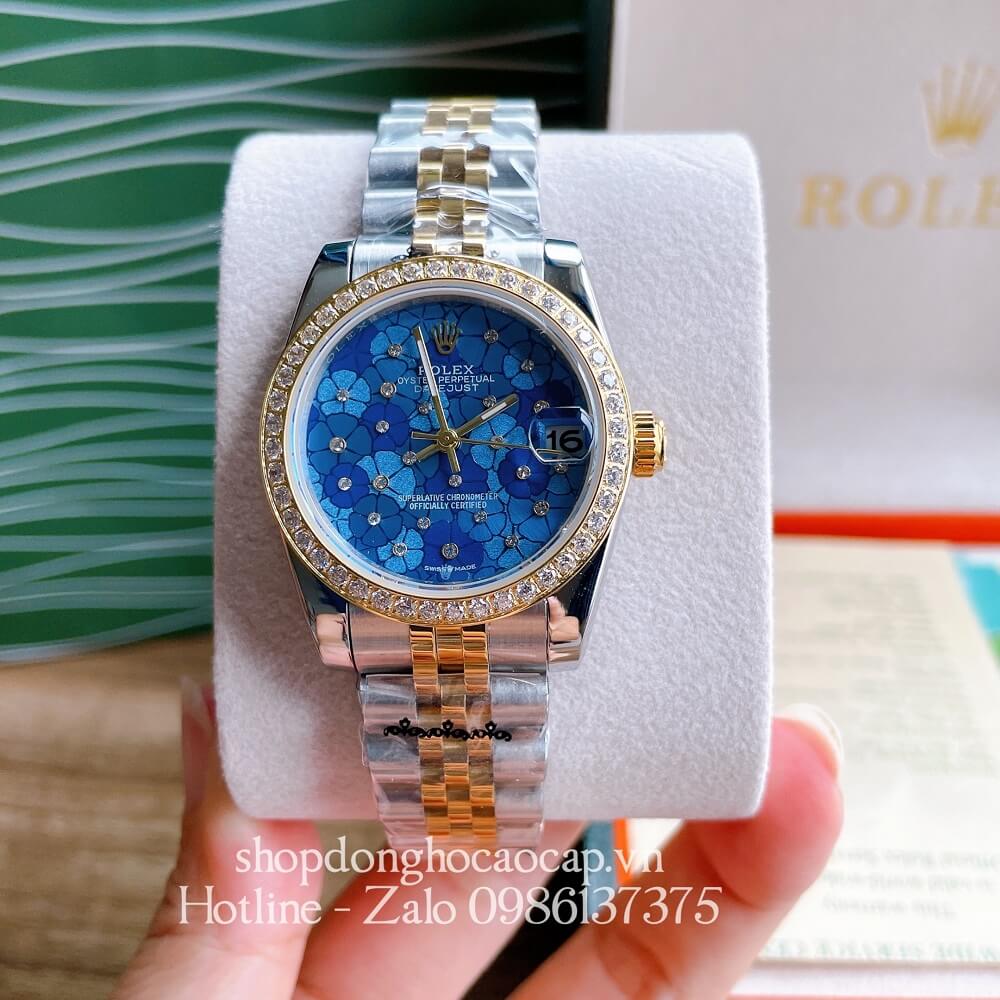 Đồng Hồ Nữ Rolex Pin Mặt Bông Hoa Demi Xanh Dương Gold 32mm