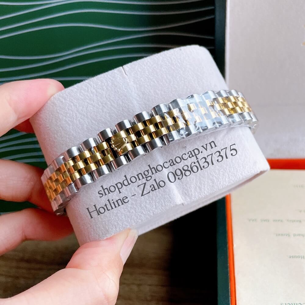 Đồng Hồ Nữ Rolex Pin Mặt Bông Hoa Demi Xanh Dương Gold 32mm