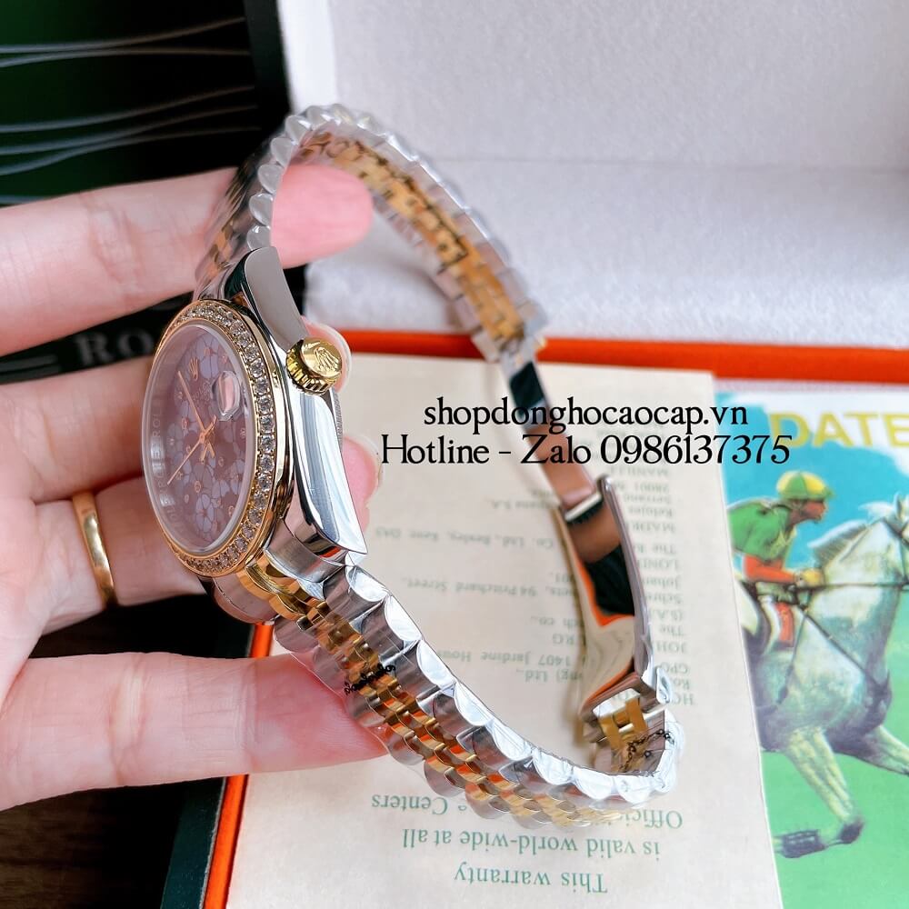 Đồng Hồ Nữ Rolex Pin Mặt Bông Hoa Demi Xanh Dương Gold 32mm