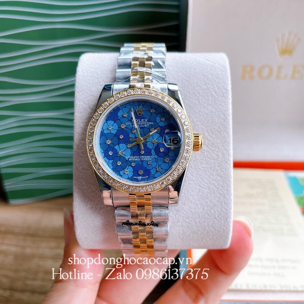 Đồng Hồ Nữ Rolex Pin Mặt Bông Hoa Demi Xanh Dương Gold 32mm