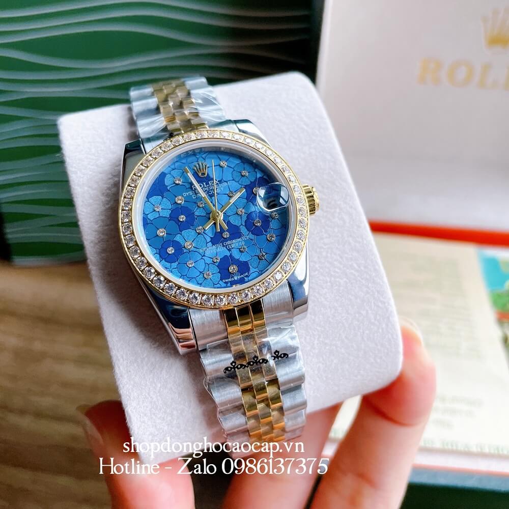 Đồng Hồ Nữ Rolex Pin Mặt Bông Hoa Demi Xanh Dương Gold 32mm