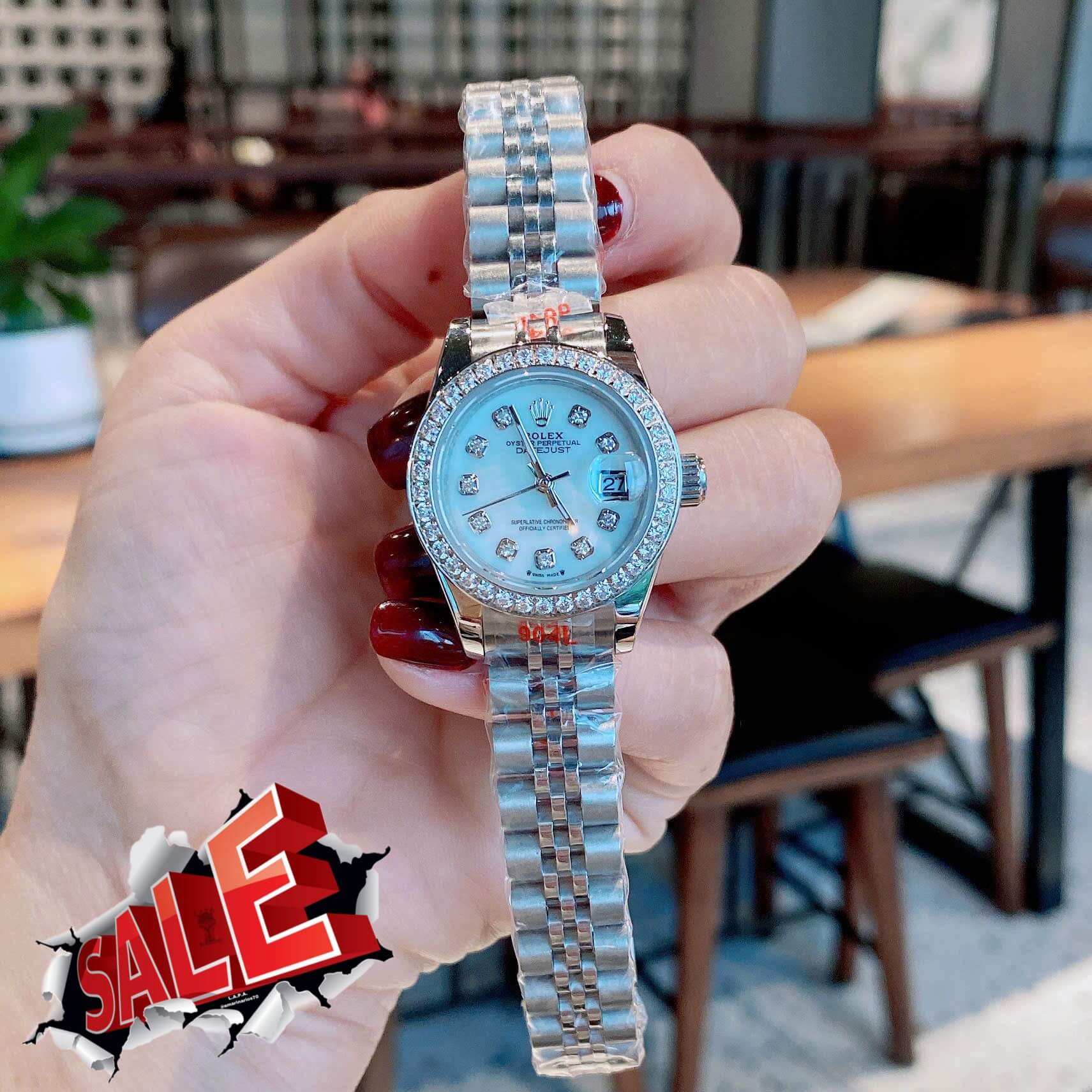 Đồng Hồ Nữ RoLex Datejust Máy Pin Size 28mm – Dây Bạc Mặt Trắng Xà Cừ Viền Đính Đá
