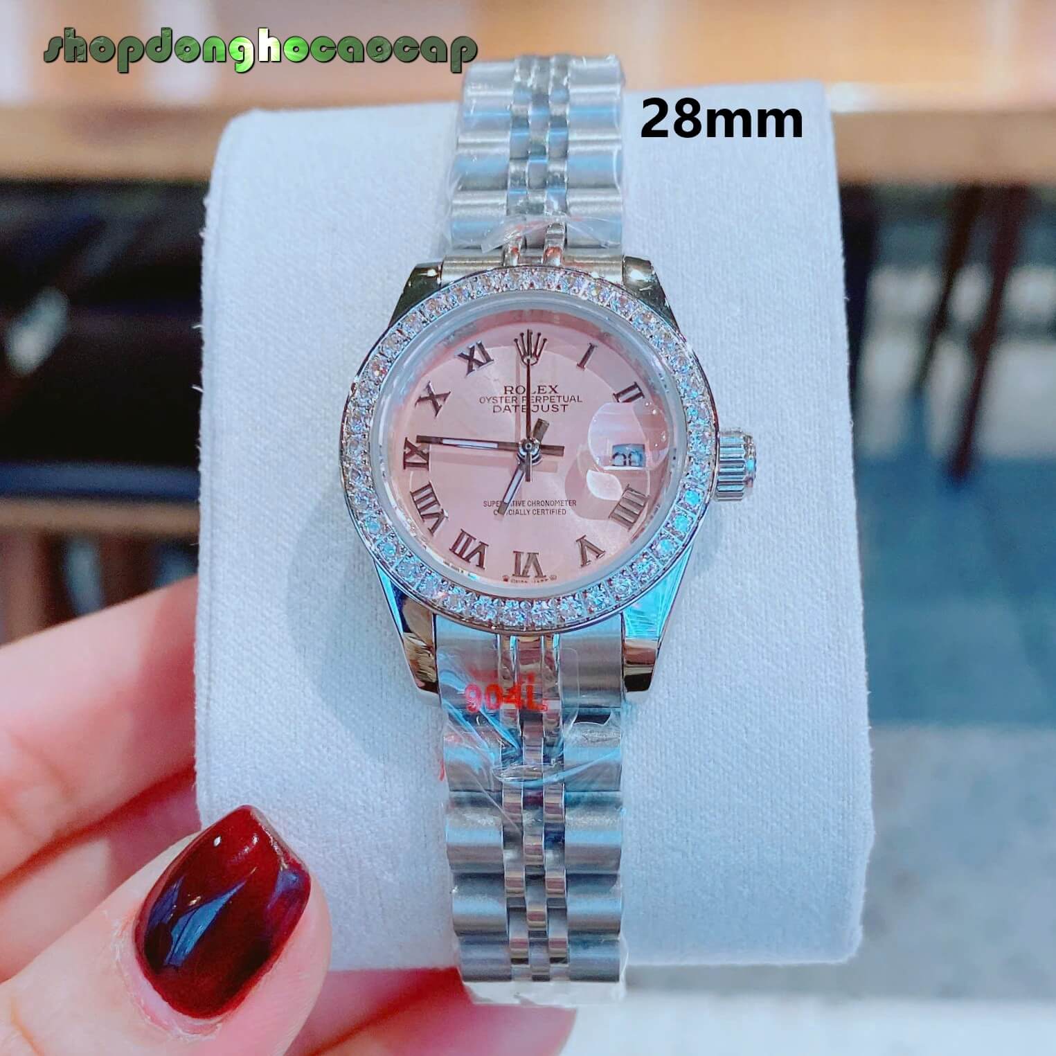 Đồng Hồ Nữ RoLex Datejust Máy Pin Size 28mm – Dây Bạc Mặt Hồng Viền Đính Đá