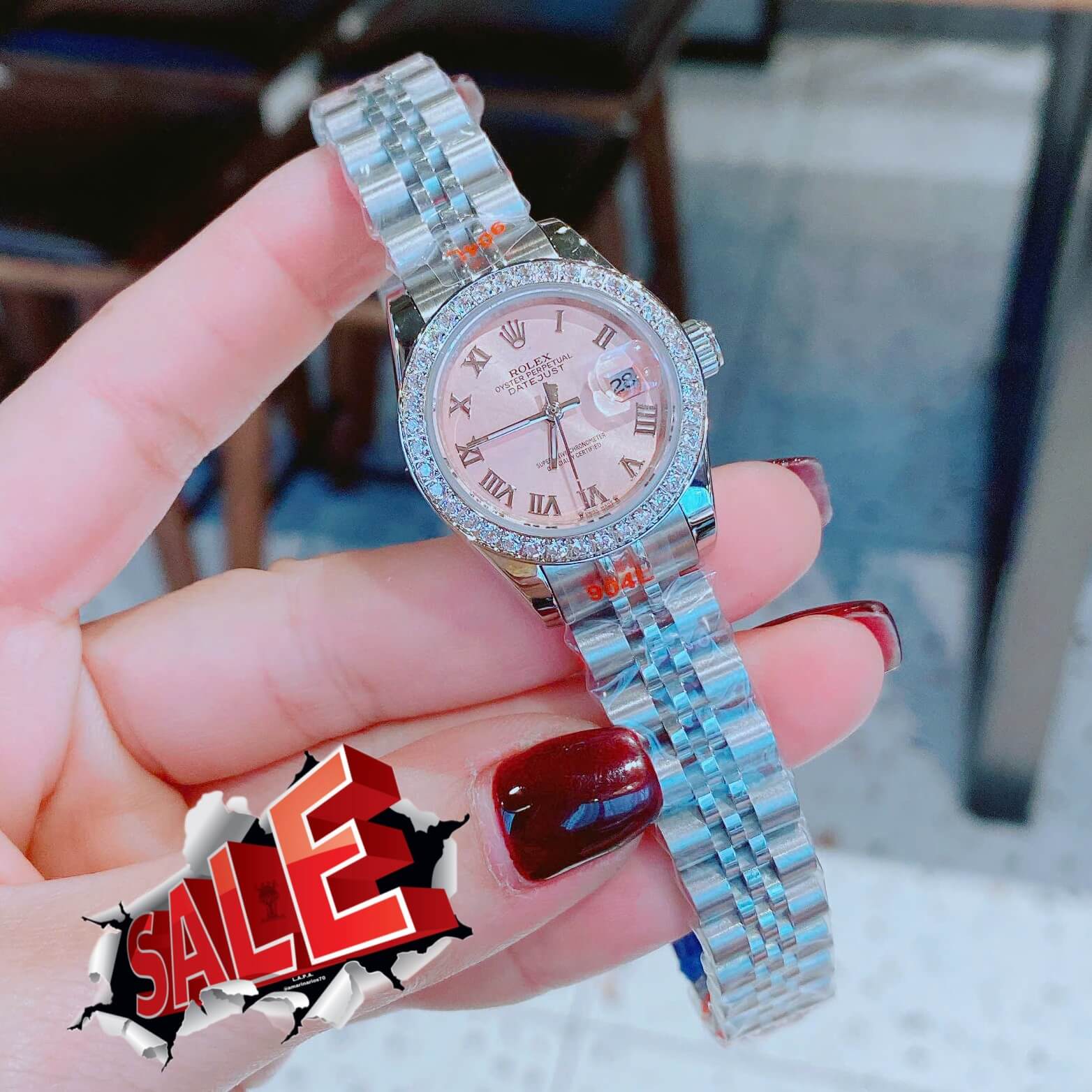 Đồng Hồ Nữ RoLex Datejust Máy Pin Size 28mm – Dây Bạc Mặt Hồng Viền Đính Đá