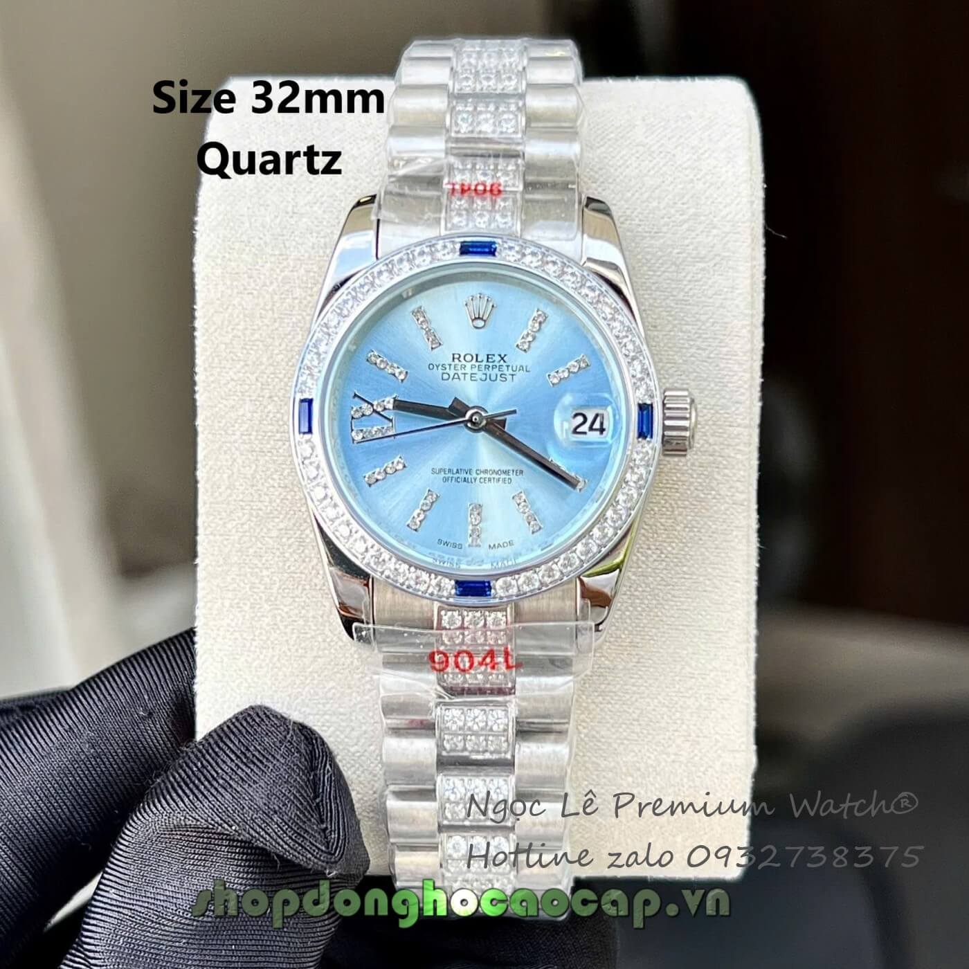 Đồng Hồ RoLex Datejust Nữ Siêu Cấp Đính Đá Trắng Mặt Xanh Water Size 31mm - Quartz Japan