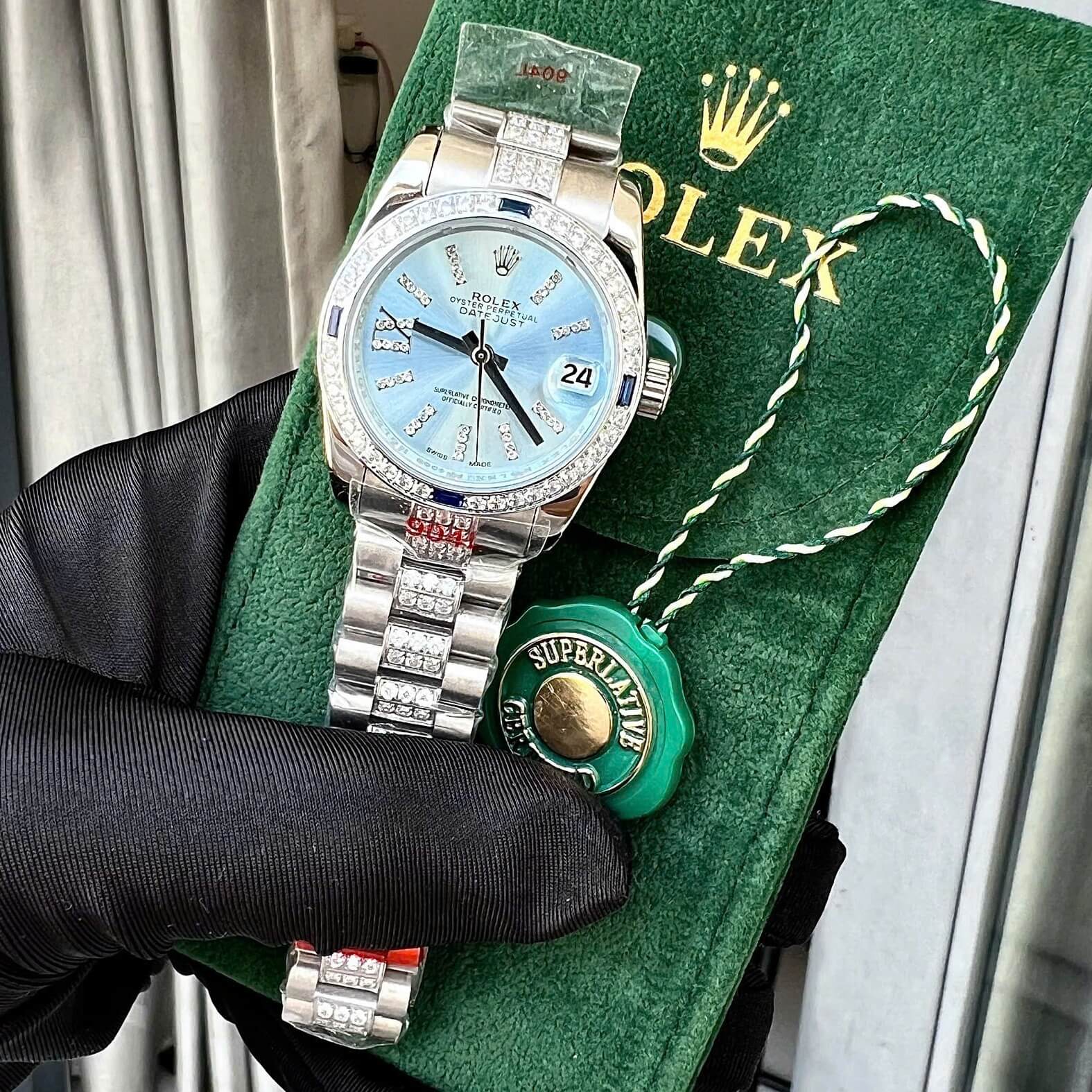 Đồng Hồ RoLex Datejust Nữ Siêu Cấp Đính Đá Trắng Mặt Xanh Water Size 31mm - Quartz Japan