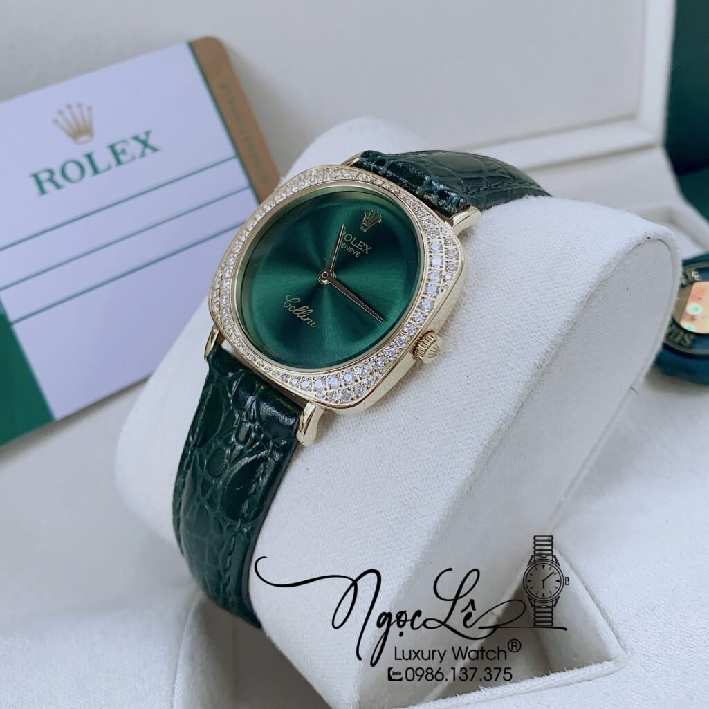 Đồng Hồ Rolex Nữ Mặt Đính Đá Dây Da Màu Xanh Rêu Đậm Vỏ Gold 33mm - Rolex Cellini