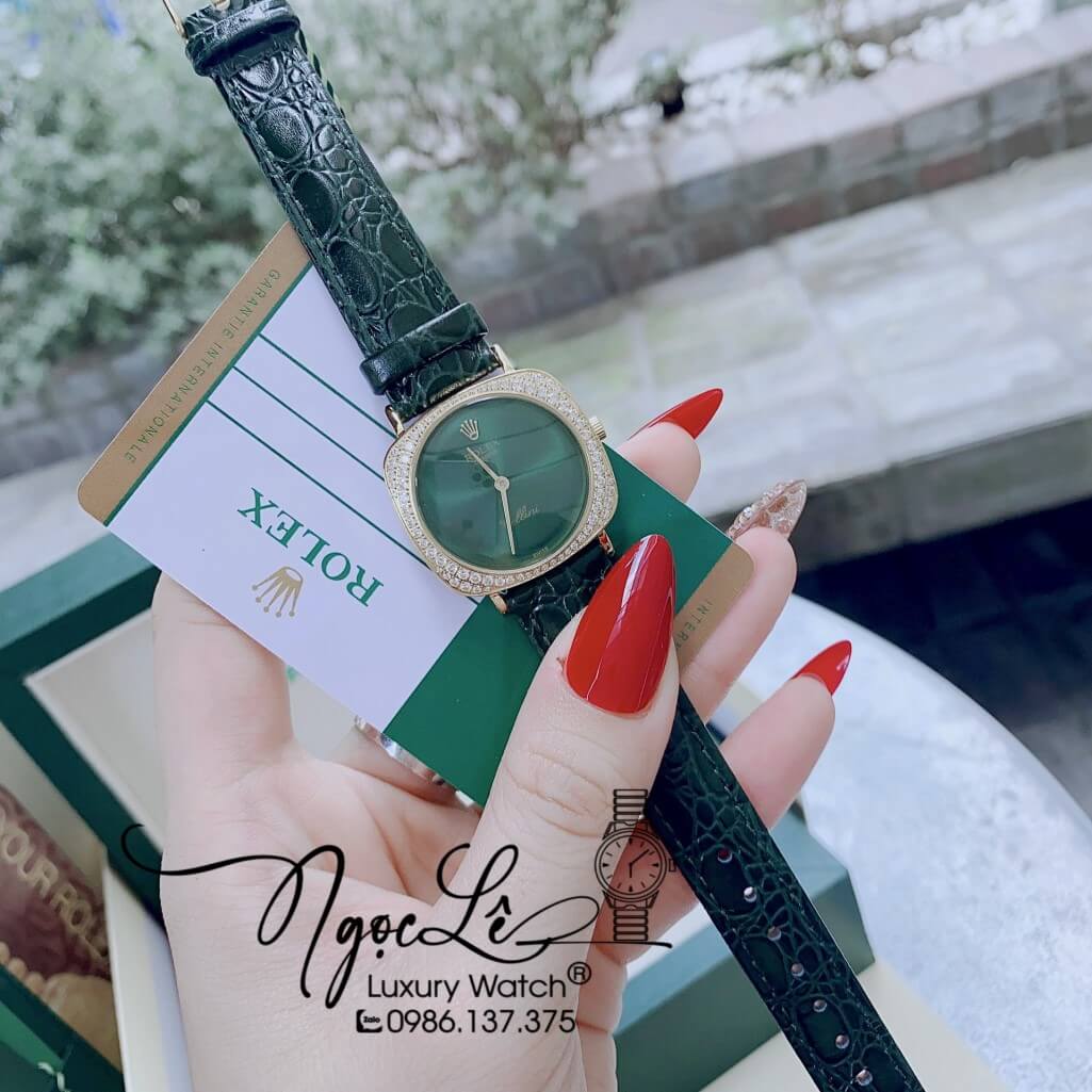 Đồng Hồ Rolex Nữ Mặt Đính Đá Dây Da Màu Xanh Rêu Đậm Vỏ Gold 33mm - Rolex Cellini