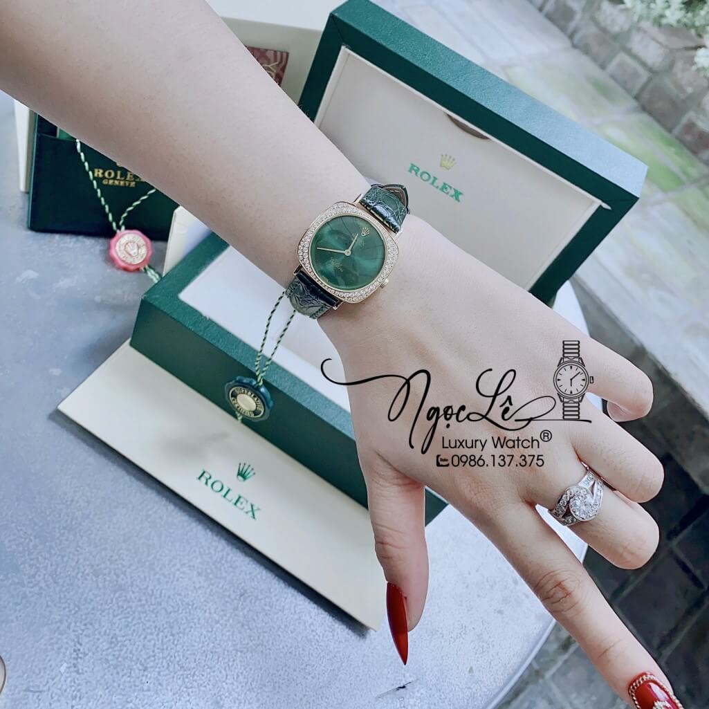 Đồng Hồ Rolex Nữ Mặt Đính Đá Dây Da Màu Xanh Rêu Đậm Vỏ Gold 33mm - Rolex Cellini