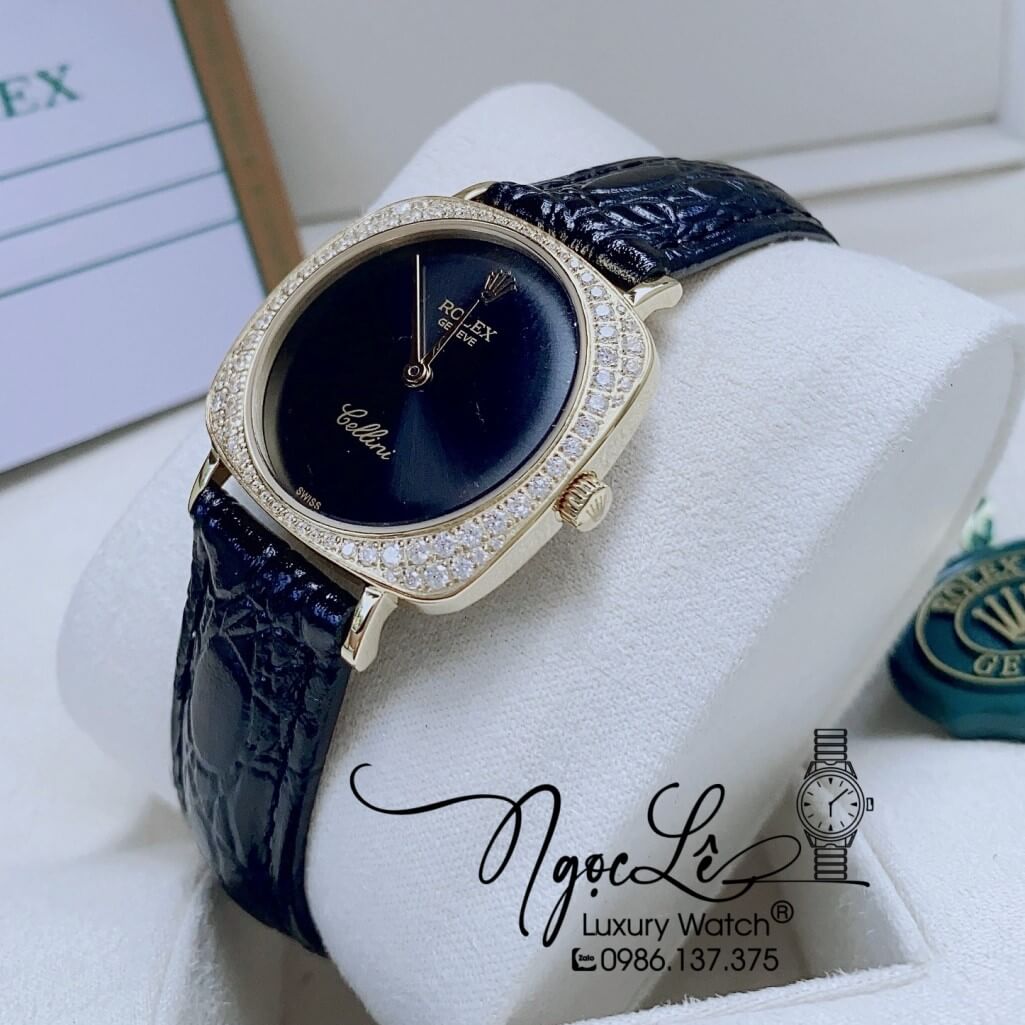 Đồng Hồ Rolex Nữ Mặt Đính Đá Dây Da Màu Đen Mặt Đen Vỏ Gold 33mm - Rolex Cellini