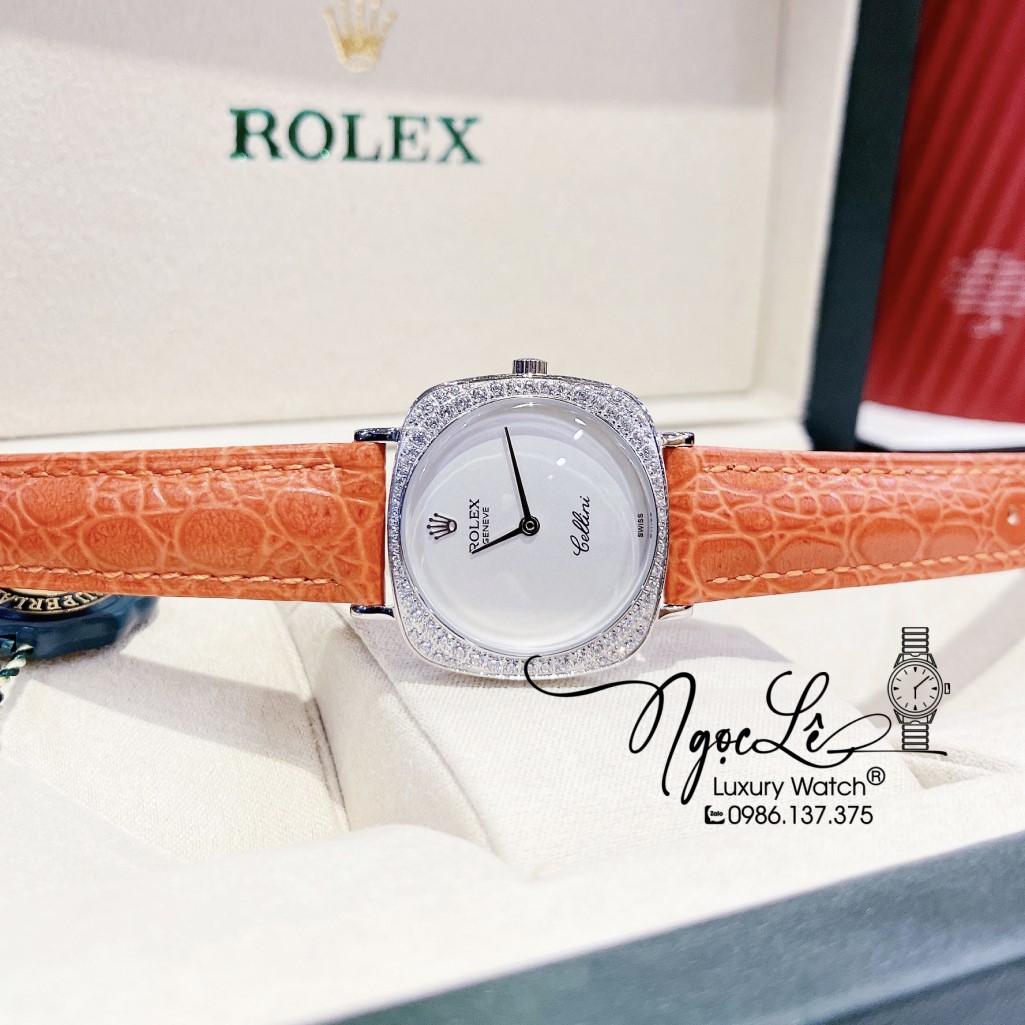 Đồng Hồ Rolex Nữ Mặt Đính Đá Dây Da Màu Cam Vỏ Gold 33mm