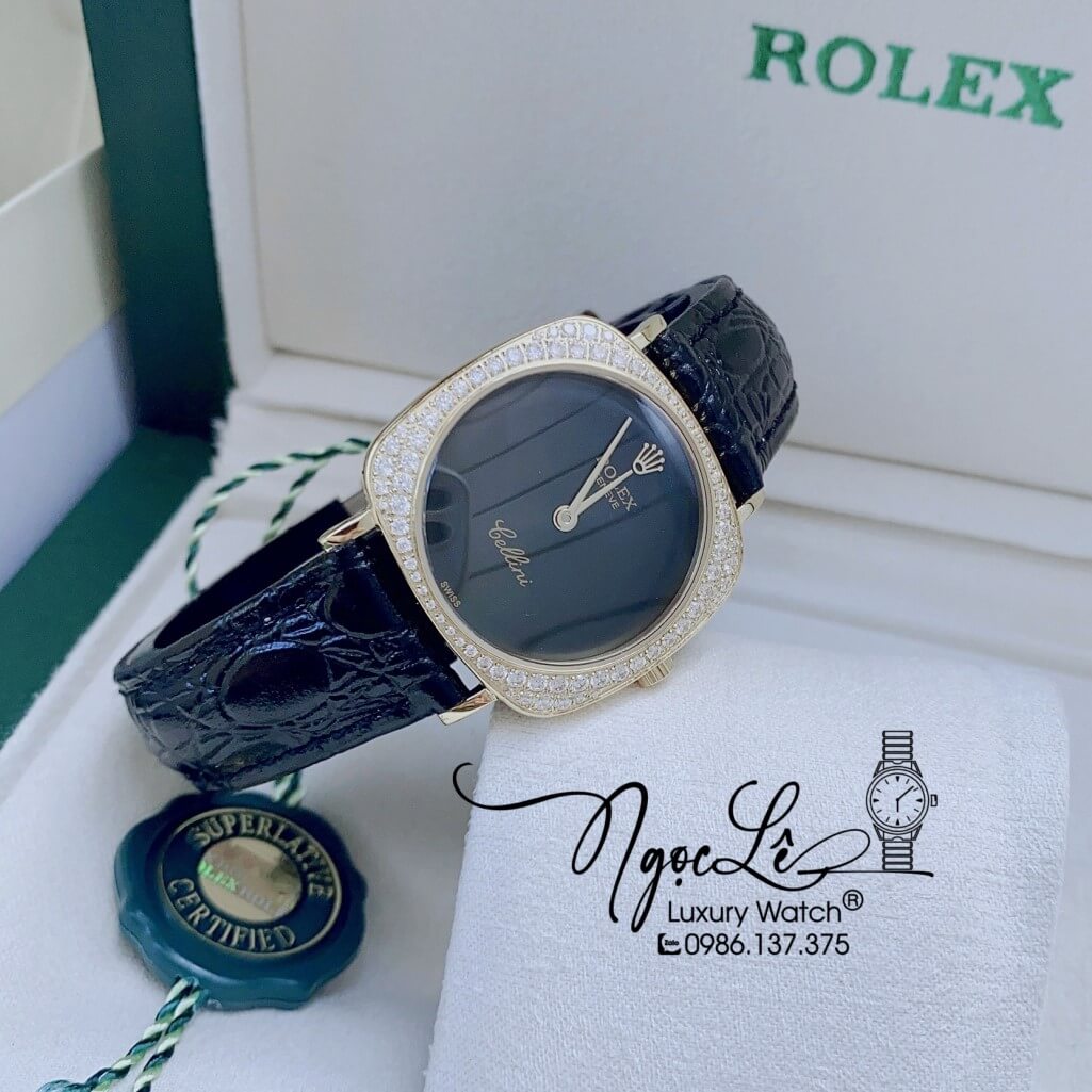 Đồng Hồ Rolex Nữ Mặt Đính Đá Dây Da Màu Đen Mặt Đen Vỏ Gold 33mm - Rolex Cellini