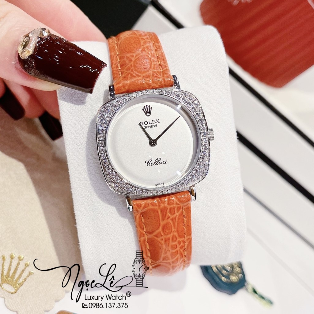 Đồng Hồ Rolex Nữ Mặt Đính Đá Dây Da Màu Cam Vỏ Gold 33mm