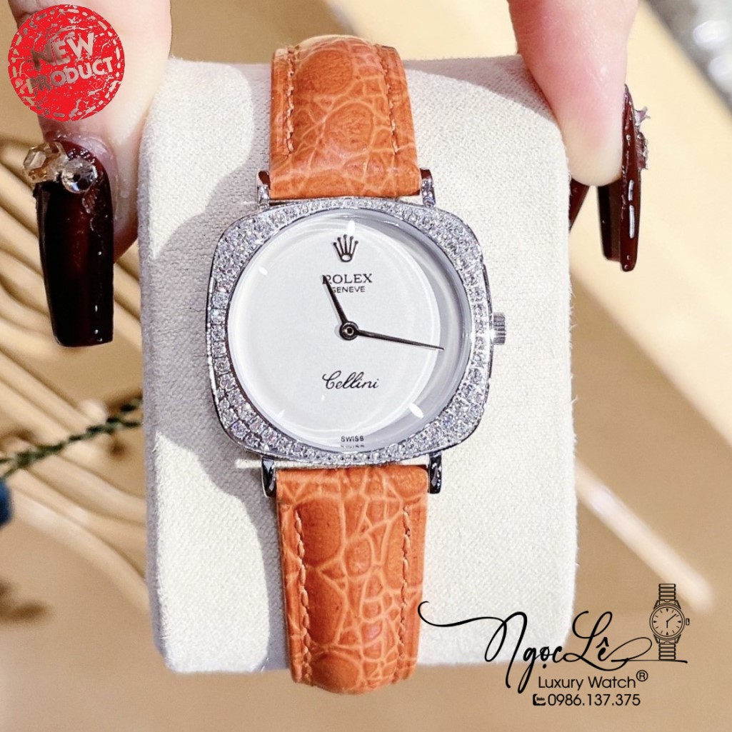 Đồng Hồ Rolex Nữ Mặt Đính Đá Dây Da Màu Cam Vỏ Gold 33mm